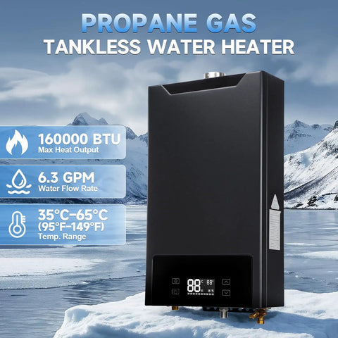 Propane Tankless Water Heater That Knocks It Out Of The Park Delivering Six Point Three Gpm And One Sixty Grand Btu against icy mountains.