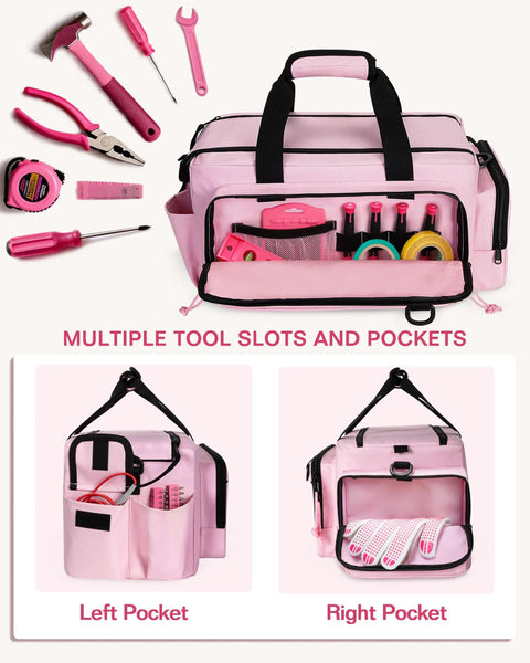 No Fuss Pink Tool Bag For Women Featuring A Spacious 16 Inch Storage Layout With Stretch Pouches To Quickly Toss In Drills Wrenches And Pliers For Stress Free Job Site Organization