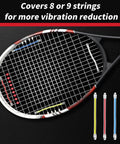 Close-up of a tennis racket with Eight Pack Tennis Racket Dampeners To Slash Vibration Silicone Shock Absorbers in four colors, fitted on strings.