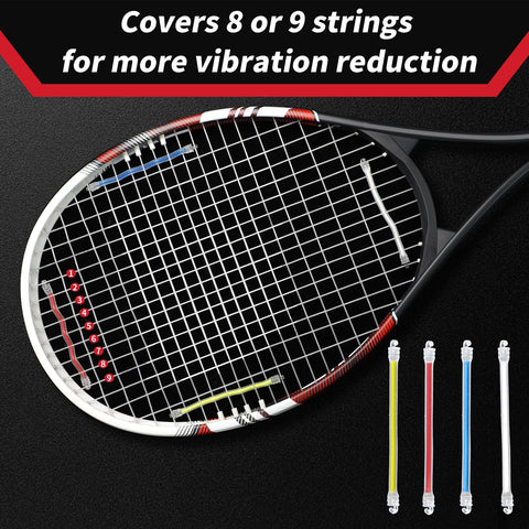 Close-up of a tennis racket with Eight Pack Tennis Racket Dampeners To Slash Vibration Silicone Shock Absorbers in four colors, fitted on strings.