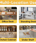 Super Sleek 2 Pack Under Desk Pull Out Storage Drawers Clear Acrylic Drawer Slides shown in office, kitchen, and under shelf use.