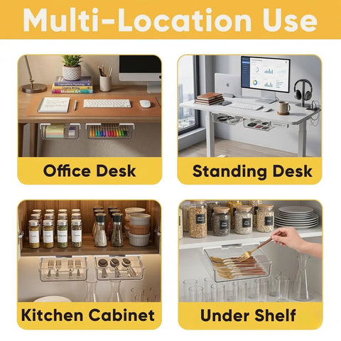 Super Sleek 2 Pack Under Desk Pull Out Storage Drawers Clear Acrylic Drawer Slides shown in office, kitchen, and under shelf use.