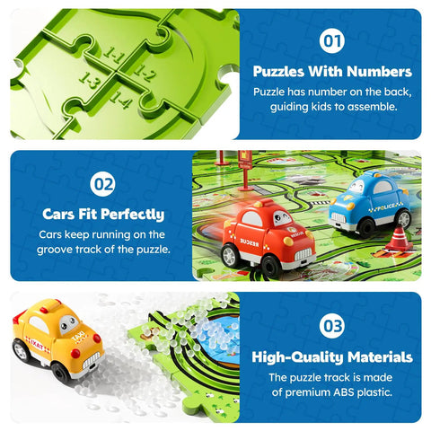 64 Piece Puzzle Track Car Set For Kids Ages 3 4 5 6 With 3 Cars And 6 Road Signs featuring green puzzle pieces and toy cars.