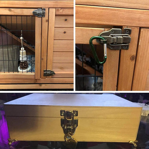 Close-up of Ten Pack Metal Duckbilled Box Hasp Toggle Latch Catch on wooden box door and tool chest with bronze tone hardware.