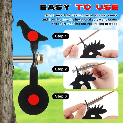 Installation steps for Three Piece BB Gun Target Set with Rotating Metal Animal Silhouettes, including rooster target.
