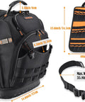 77 Pocket Electricians Tool Backpack With Hard Moulded Bottom And 65 Pcs Molle Loops Four Compartments Titanium Hook Waterproof Design For HVAC Construction And Field Techs A Gear Carrier For Tough Job Sites. Measurements and waist belt shown.