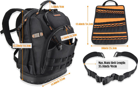 77 Pocket Electricians Tool Backpack With Hard Moulded Bottom And 65 Pcs Molle Loops Four Compartments Titanium Hook Waterproof Design For HVAC Construction And Field Techs A Gear Carrier For Tough Job Sites. Measurements and waist belt shown.