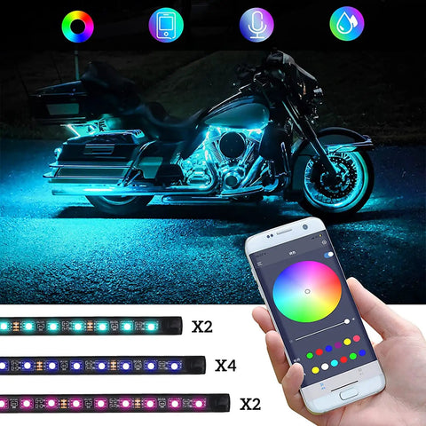 Lit 8 Piece Motorcycle Underglow LED Light Kit With App Control Multicolor RGB Strips on Harley Davidson at night