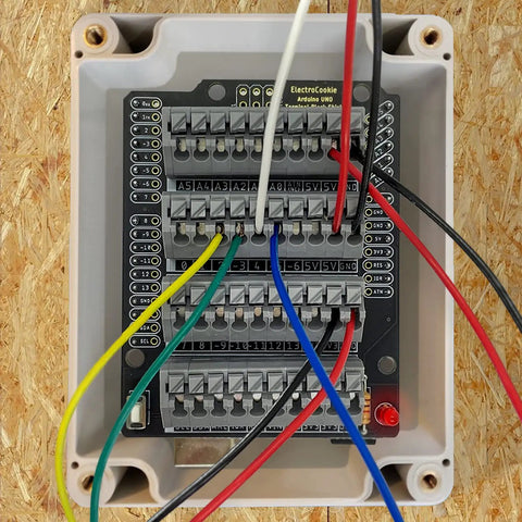 Arduino Uno R3 Compatible Terminal Block Shield Kit With Push In Spring Connectors, mounted with colorful wires connected