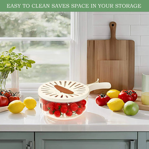 Two Pack Multifunctional Fruit Washing Bowl With Strainer 2 In 1 Drain Basket And Fruit Strainer Container With Lid on kitchen counter
