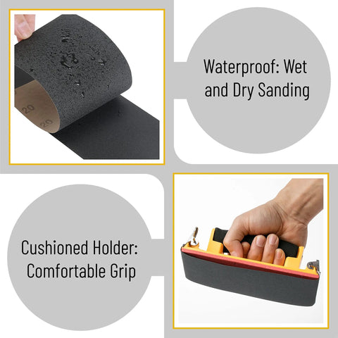 Close-up of Pro Grade Sandpaper Set With Handle showing waterproof sandpaper and cushioned holder for comfortable grip.