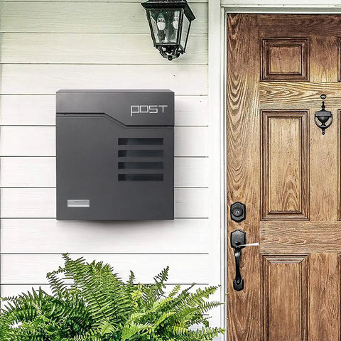 Large Capacity Outdoor Wall Mount Mailbox With Key Lock And Newspaper Compartment beside wood door