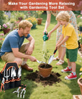 Family using Must Have All In One Garden Tool Kit With Non Slip Ergonomic Handles, 8 Piece Heavy Duty Set In Orange, gardening together