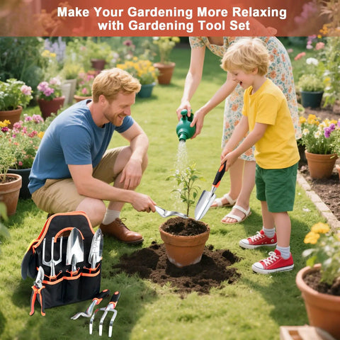 Family using Must Have All In One Garden Tool Kit With Non Slip Ergonomic Handles, 8 Piece Heavy Duty Set In Orange, gardening together