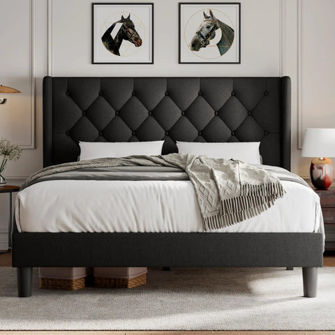 Queen Size Platform Bed Frame With Button Tufted Wingback Headboard, Black Upholstered Bedroom Staple, Solid Wood Slats, Eight Inch Underbed Storage, Noise Free, Easy Peasy Setup, Zero Box Spring Hassle, front view with bedding and decor