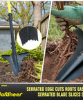 Long Handle Garden Shovel For Digging And Root Cutting With Serrated Blade And Comfortable Grip in action cutting roots