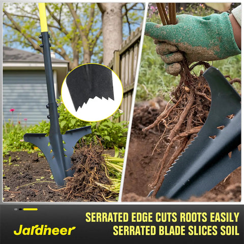 Long Handle Garden Shovel For Digging And Root Cutting With Serrated Blade And Comfortable Grip in action cutting roots
