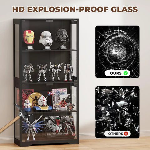 4 Tier Glass Display Cabinet With Pop Up Doors And Motion Sensor, Black Curio Case, HD explosion-proof glass, collectibles inside