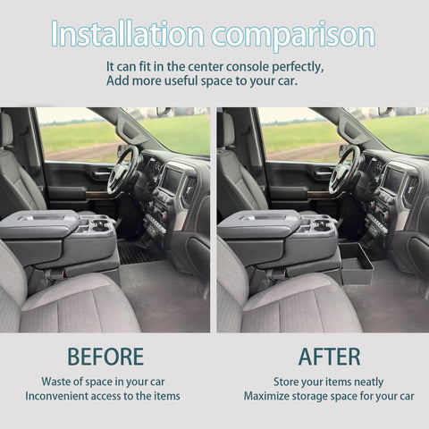 Installation comparison of Center Console Hanging Organizer Box For Chevy Silverado GMC Sierra 1500 2019 2026 with split bench seats
