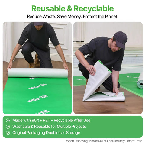 Man rolling out Heavy Duty Floor Protector For Construction And DIY, 39x100 Inch Waterproof Carpet Shield For Hardwood Floors, No Residue.