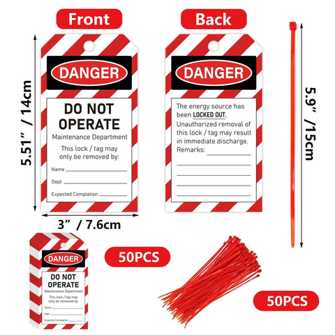 Lockout Tagout Kit Value Pack 50 Do Not Operate Tags And 50 Zip Ties For Quick Safe Lockout Procedures On Industrial Equipment Heavy Duty Easy To Hang Great For Worksites And Maintenance, 5.51 x 3 in PVC tags