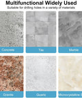 Various materials like concrete, tile, marble, granite, quartz, and microcrystalline stone shown for drilling use with Slick Diamond Beveling Chamfer Bits.
