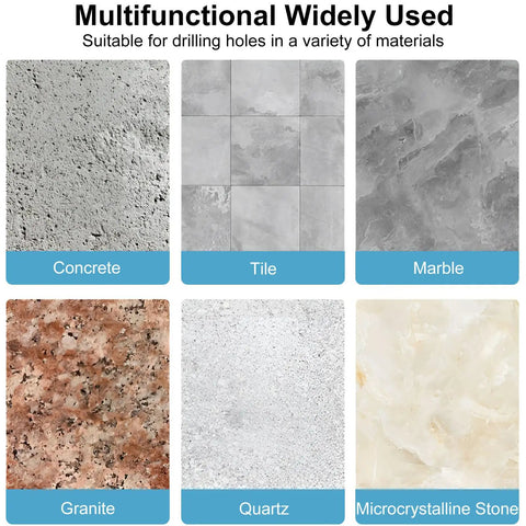 Various materials like concrete, tile, marble, granite, quartz, and microcrystalline stone shown for drilling use with Slick Diamond Beveling Chamfer Bits.