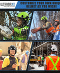 Workers using Hard Hat With Built-In Visor And Vented Design, 4-In-1 Protection Set, ANSI Z89.1 Certified Safety Helmet in varied tasks.