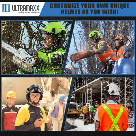 Workers using Hard Hat With Built-In Visor And Vented Design, 4-In-1 Protection Set, ANSI Z89.1 Certified Safety Helmet in varied tasks.