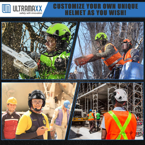 Heavy Duty Safety Helmet With Adjustable Clear And Tinted Visors, Ventilated Hard Hat, Ansi Z891 Certified No Nonsense Job Site Armor For Construction Work, Matte Black Shell, worn by workers outdoors.