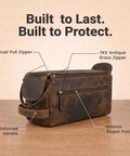 Top Shelf Genuine Buffalo Leather Toiletry Bag For Men And Women Brown Travel Organizer With Waterproof Inner Compartment showing dual pull zipper and reinforced handle.