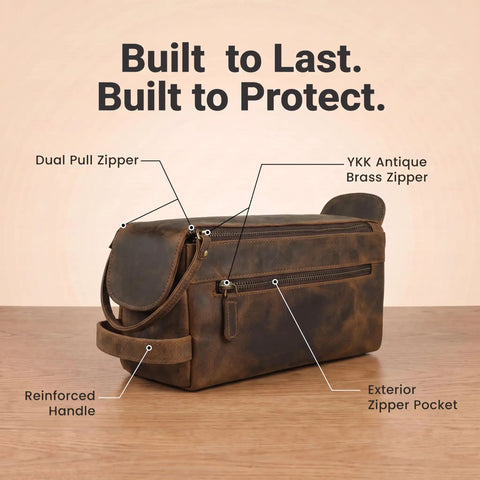 Top Shelf Genuine Buffalo Leather Toiletry Bag For Men And Women Brown Travel Organizer With Waterproof Inner Compartment showing dual pull zipper and reinforced handle.