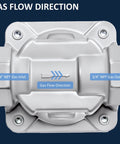 Gas pressure regulator with 3/4 in NPT inlet and outlet, silver metal body, front view with flow arrows.