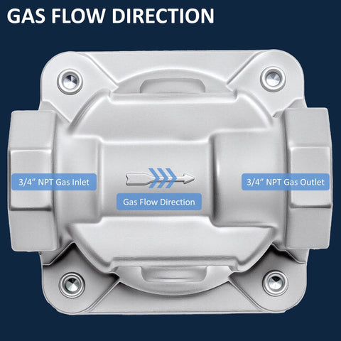 Gas pressure regulator with 3/4 in NPT inlet and outlet, silver metal body, front view with flow arrows.