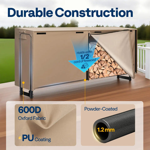 Eight Foot Heavy Duty Firewood Rack With Weather Shield Cover, Rock Solid Steel Frame Backyard Log Storage Holder, Brown Finish For Yard Or Patio, Built Like A Tank To Handle Daily Wear And Tear