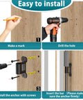 Installation steps for Four Pack Black Fence To Wall Anchors Securely Lock Down Dog Playpen And Pet Gates, showing marking, drilling, and inserting.