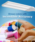 Dual Shade LED Desk Lamp With Three Color Temperature Modes, Auto Shutoff Timer, Adjustable Neck And Touch Activated Controls, displays spools of colorful thread, showcasing color accuracy.