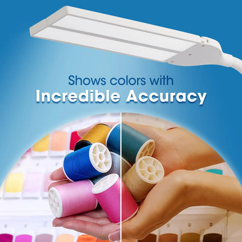 Dual Shade LED Desk Lamp With Three Color Temperature Modes, Auto Shutoff Timer, Adjustable Neck And Touch Activated Controls, displays spools of colorful thread, showcasing color accuracy.