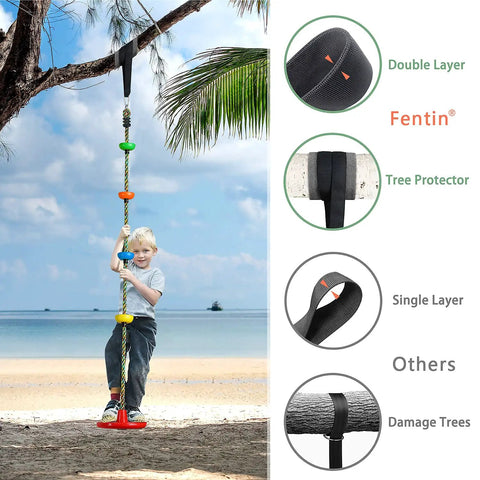 Child on backyard tree swing with single disc rope, red color, 4 ft strap, tree protector and carabiner by beach