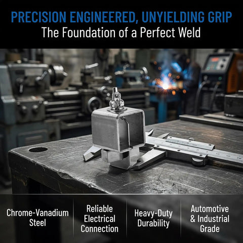 Heavy Duty Weld Clamps For Butt Welding 8 Pack Plated Clips Built For Quick Install And High Power Welding Equipment Delivers Solid Electrical Connection And Durable Performance on a workbench.