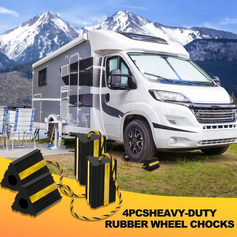 Heavy Duty Rubber Wheel Chocks With Rope Two Pair Or Four Pack Reflective Strips Anti Roll Immobilizer For RVs and Campers