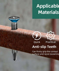 110 Pcs Number Eight Self Tapping Screws Kit For Metal with serrated flat head drilled into metal surface