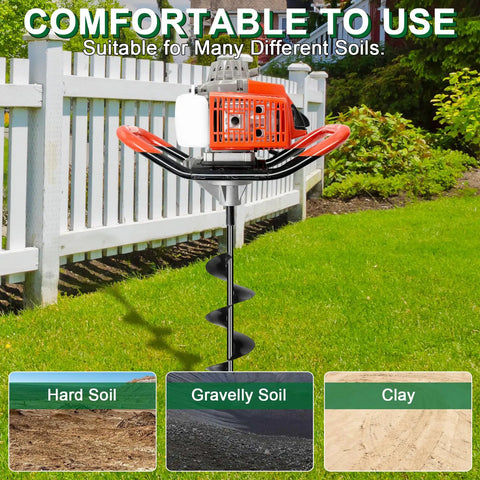 72cc Two Stroke Gas Powered Auger Post Hole Digger Kit displayed on grass, near fence; suitable for hard, gravelly, and clay soils.