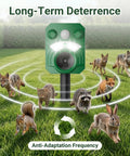 Solar Ultrasonic Animal Repeller 2 Pack With Motion Sensor And Flashing Lights Waterproof Outdoor Pest Deterrent For Deer Cats Dogs Raccoons Squirrels On Lawns Gardens Patios, green unit on lawn