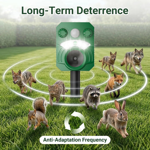 Solar Ultrasonic Animal Repeller 2 Pack With Motion Sensor And Flashing Lights Waterproof Outdoor Pest Deterrent For Deer Cats Dogs Raccoons Squirrels On Lawns Gardens Patios, green unit on lawn
