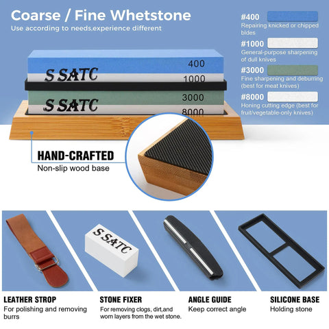 Knife Sharpening Stone Kit With 4-Side 400 1000 And 3000 8000 Grits, nonslip rubber bases, wood base, leather strop, angle guide.
