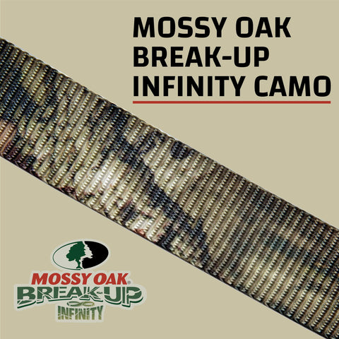 Mossy Oak Break Up Infinity Camo design on 1 inch wide polyester ratchet strap