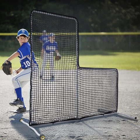 7x7 Foot Baseball Softball L Screen For Pitcher Safety With Wheels Portable Pitcher Guard With Steel Frame On Field