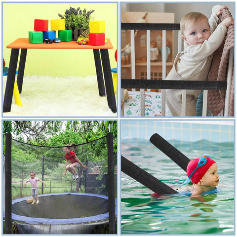 Collage showing 24 Pcs 3.3 Feet Foam Pipe Insulation Covers Pre Slit Black 1 Inch Thick used on table legs, crib bars, trampoline edges, pool noodles for swimming.