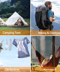 Camp tents, mounted hiking backpack, clothesline with laundry, and hammock for outdoor gear use.